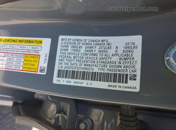 2HGFE2F50TH565019 2026 HONDA CIVIC Серый Вид наклейки с VIN-кодом