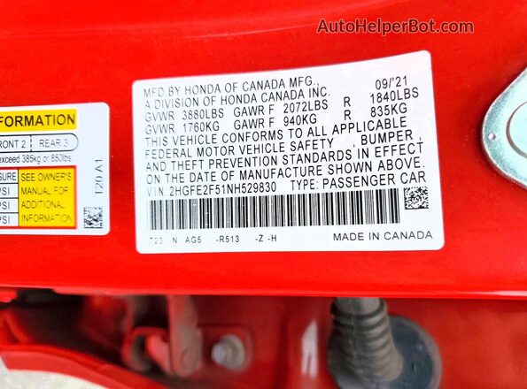 2HGFE2F51NH529830 2022 HONDA CIVIC Red Engine compartment view