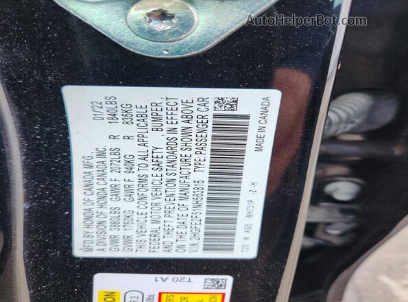 2HGFE2F51NH563816 2022 HONDA CIVIC Black VIN կոդի պիտակի տեսք
