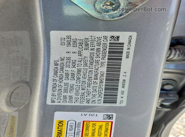 2HGFE2F51NH578431 2022 HONDA CIVIC Silver Вид підкапотного простору