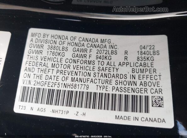 2HGFE2F51NH581779 2022 HONDA CIVIC Black Вид підкапотного простору