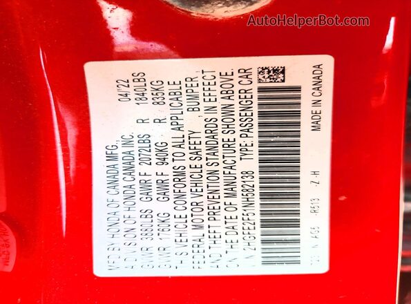 2HGFE2F51NH582138 2022 HONDA CIVIC Red VIN კოდის სტიკერის ხედი