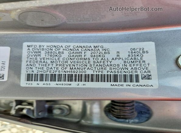 2HGFE2F51NH592300 2022 HONDA CIVIC Silver Widok komory silnika