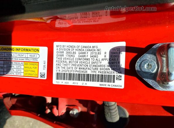 2HGFE2F51PH504526 2023 HONDA CIVIC Red Engine compartment view
