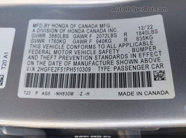 2HGFE2F51PH510309 2023 HONDA CIVIC Silver Engine compartment view