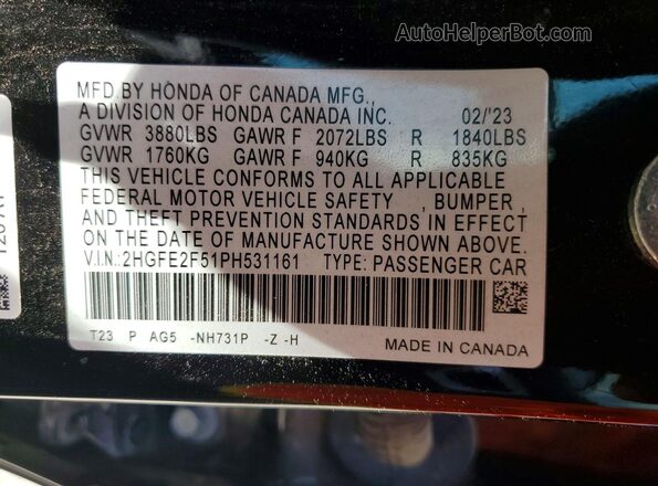 2HGFE2F51PH531161 2023 HONDA CIVIC Black VIN sticker view