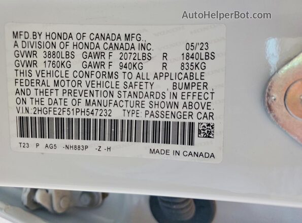 2HGFE2F51PH547232 2023 HONDA CIVIC White Вид наклейки з VIN-кодом