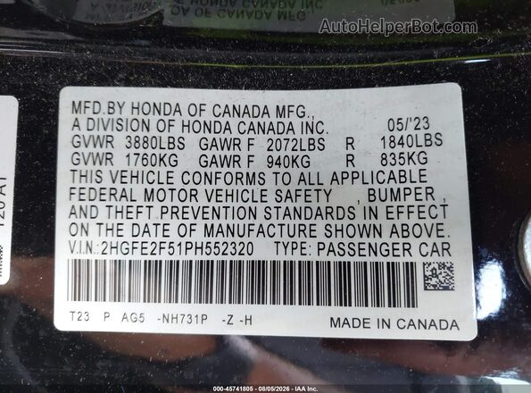2HGFE2F51PH552320 2023 HONDA CIVIC Black Widok komory silnika