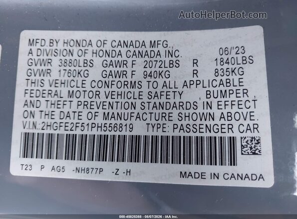 2HGFE2F51PH556819 2023 HONDA CIVIC Gray Вид підкапотного простору