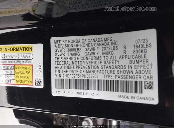 2HGFE2F51PH563267 2023 HONDA CIVIC Black Vista del compartimento del motor