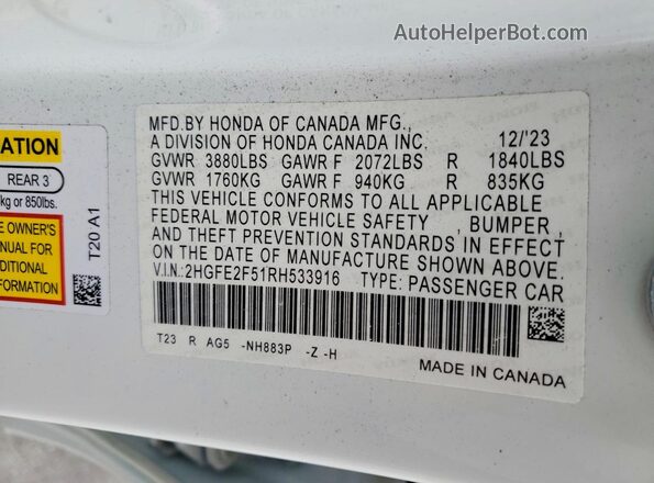 2HGFE2F51RH533916 2024 HONDA CIVIC White Engine compartment view