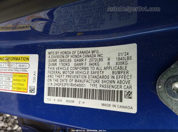 2HGFE2F51RH546651 2024 HONDA CIVIC Blue Вид підкапотного простору