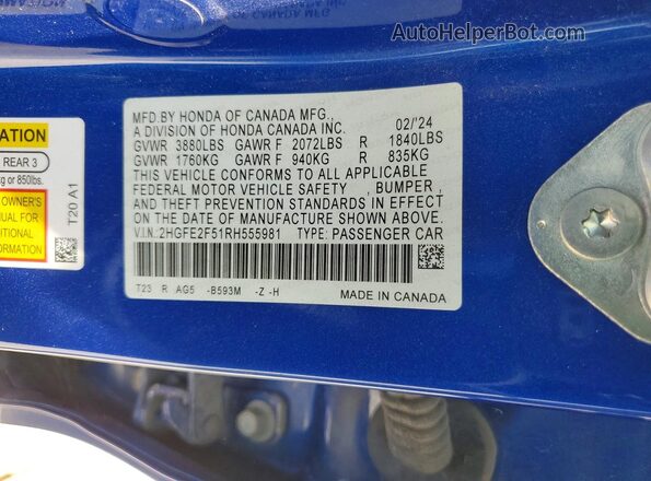 2HGFE2F51RH555981 2024 HONDA CIVIC Blue Engine compartment view