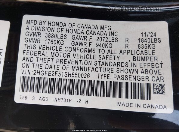 2HGFE2F51SH550026 2025 HONDA CIVIC Black Engine compartment view