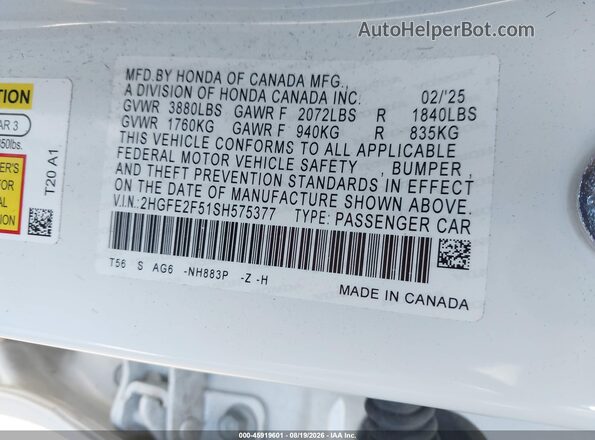 2HGFE2F51SH575377 2025 HONDA CIVIC White ძრავის განყოფილების ხედი