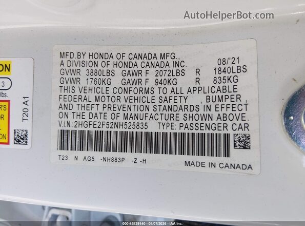 2HGFE2F52NH525835 2022 HONDA CIVIC White ძრავის განყოფილების ხედი