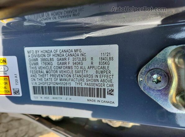 2HGFE2F52NH552615 2022 HONDA CIVIC Gray Vista del compartimento del motor