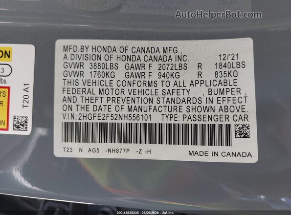 2HGFE2F52NH556101 2022 HONDA CIVIC Light Blue Vista del compartimento del motor