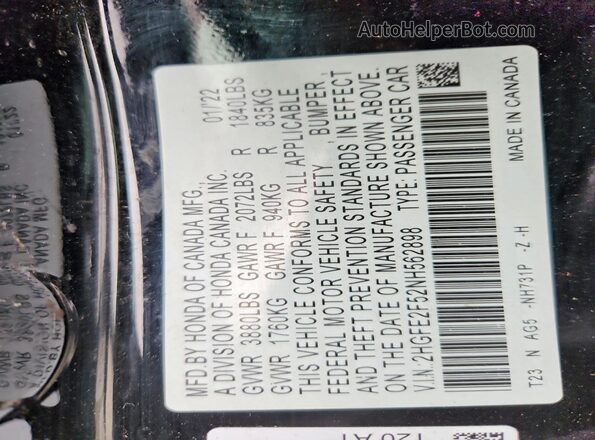 2HGFE2F52NH562898 2022 HONDA CIVIC Black VIN կոդի պիտակի տեսք