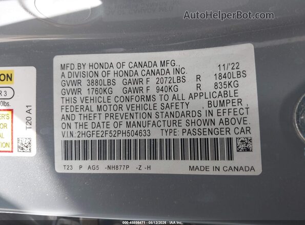 2HGFE2F52PH504633 2023 HONDA CIVIC Silver Widok komory silnika