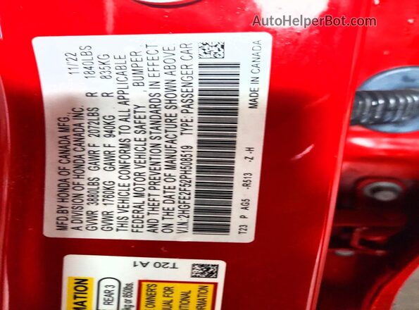 2HGFE2F52PH508519 2023 HONDA CIVIC Red Engine compartment view