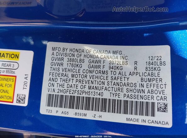 2HGFE2F52PH513140 2023 HONDA CIVIC Blue Вид підкапотного простору