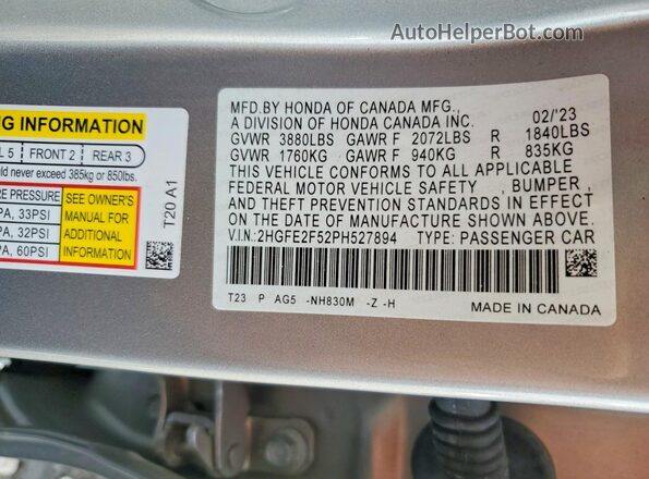 2HGFE2F52PH527894 2023 HONDA CIVIC Серебряный Вид подкапотного пространства