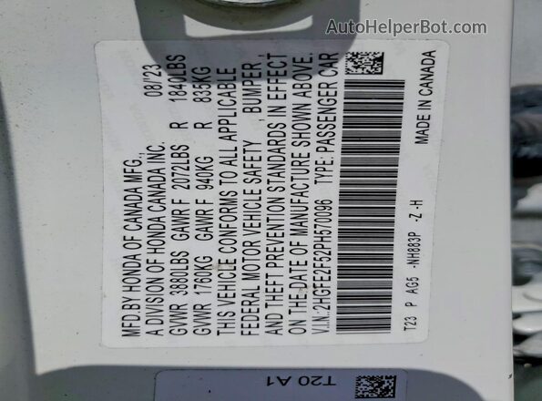 2HGFE2F52PH570096 2023 HONDA CIVIC White Widok komory silnika