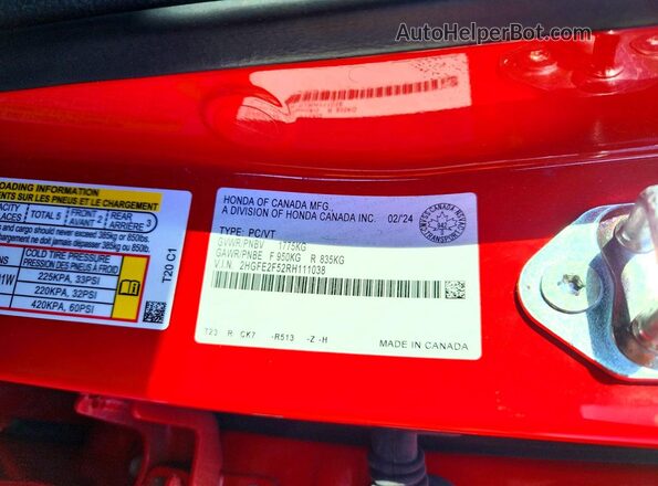 2HGFE2F52RH111038 2024 HONDA CIVIC Red Engine compartment view