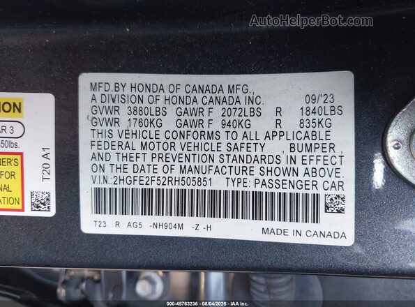 2HGFE2F52RH505851 2024 HONDA CIVIC Gray Engine compartment view