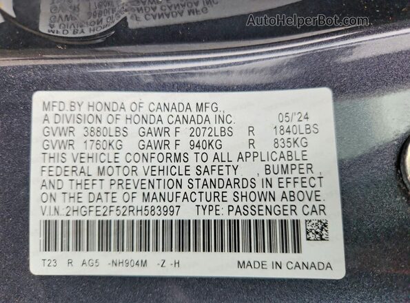 2HGFE2F52RH583997 2024 HONDA CIVIC Gray Vista del compartimento del motor