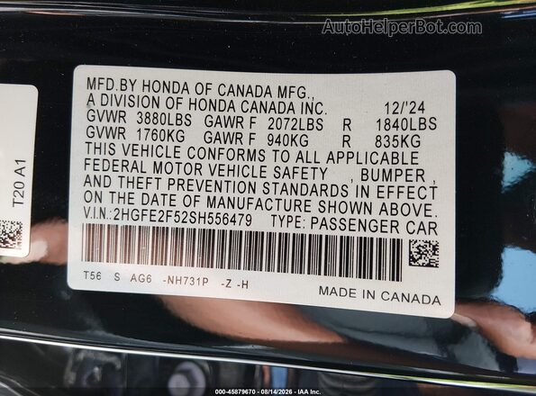 2HGFE2F52SH556479 2025 HONDA CIVIC Black ძრავის განყოფილების ხედი