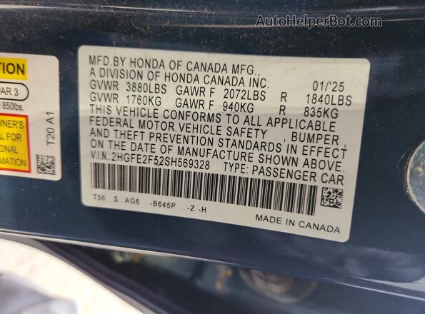 2HGFE2F52SH569328 2025 HONDA CIVIC Blue Вид наклейки з VIN-кодом