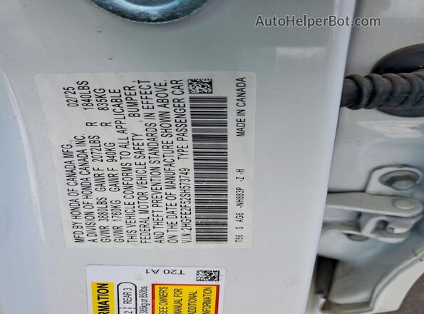 2HGFE2F52SH573749 2025 HONDA CIVIC White Vista de la etiqueta del VIN
