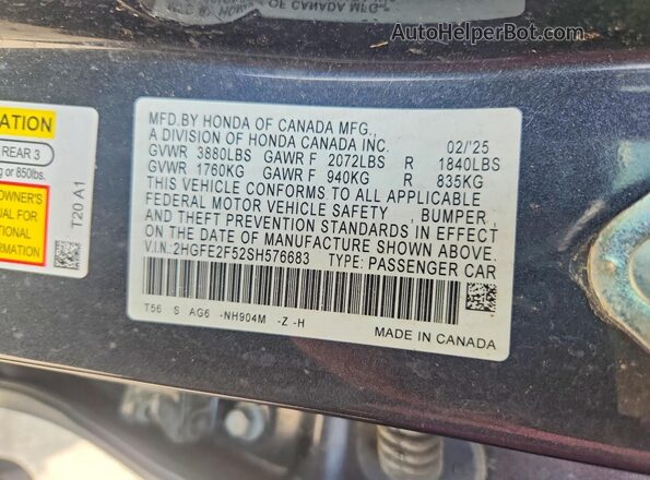 2HGFE2F52SH576683 2025 HONDA CIVIC Gray Вид наклейки з VIN-кодом