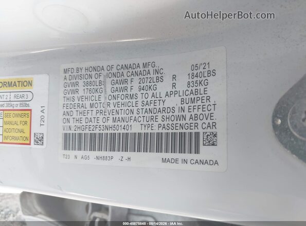 2HGFE2F53NH501401 2022 HONDA CIVIC White Շարժիչի բաժամունքի տեսք