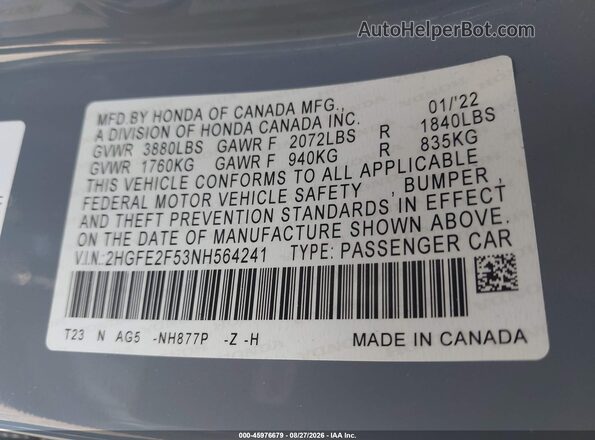 2HGFE2F53NH564241 2022 HONDA CIVIC Blue Շարժիչի բաժամունքի տեսք