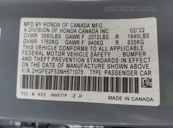 2HGFE2F53NH571075 2022 HONDA CIVIC Gray Engine compartment view
