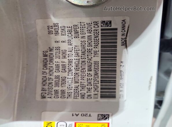 2HGFE2F53NH583355 2022 HONDA CIVIC White Widok komory silnika