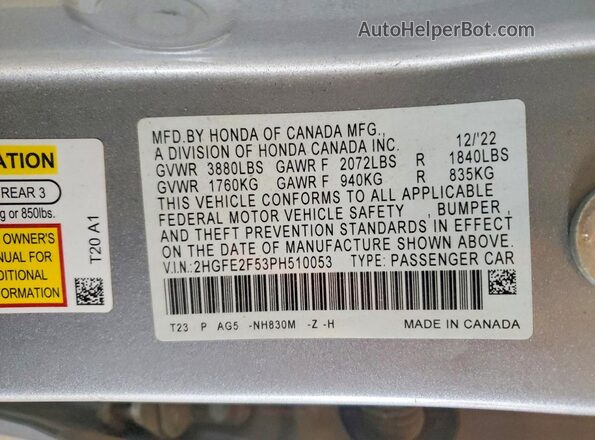 2HGFE2F53PH510053 2023 HONDA CIVIC Silver VIN sticker view