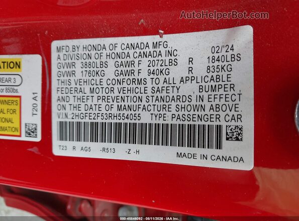 2HGFE2F53RH554055 2024 HONDA CIVIC Red Widok komory silnika