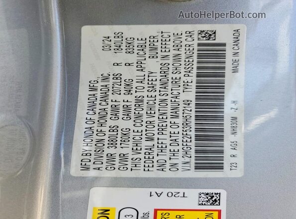 2HGFE2F53RH572149 2024 HONDA CIVIC Silver Vista interior de 360 grados