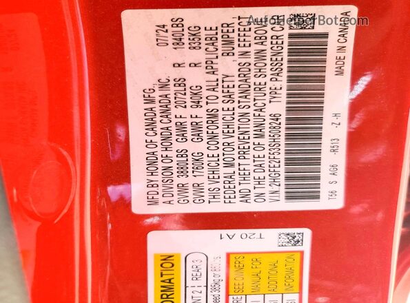 2HGFE2F53SH508246 2025 HONDA CIVIC Red VIN კოდის სტიკერის ხედი