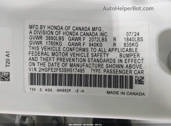 2HGFE2F53SH517495 2025 HONDA CIVIC White Вид підкапотного простору