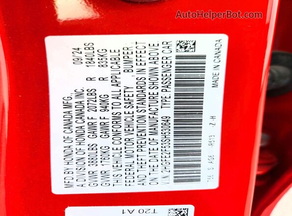2HGFE2F53SH530649 2025 HONDA CIVIC Red Շարժիչի բաժամունքի տեսք