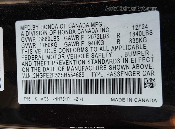 2HGFE2F53SH554689 2025 HONDA CIVIC Black Շարժիչի բաժամունքի տեսք
