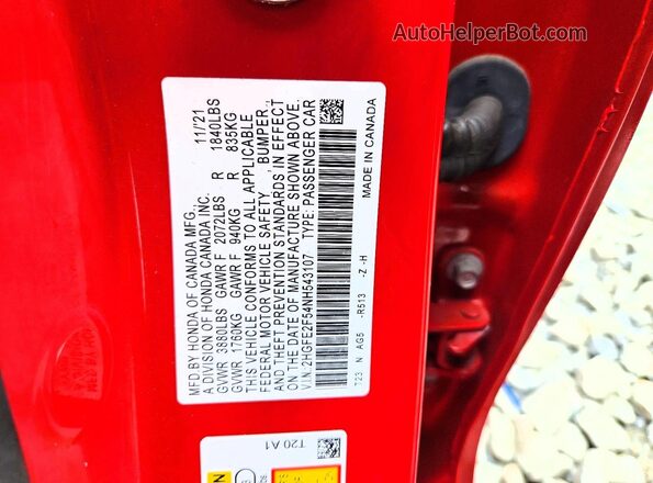 2HGFE2F54NH543107 2022 HONDA CIVIC Red ძრავის განყოფილების ხედი