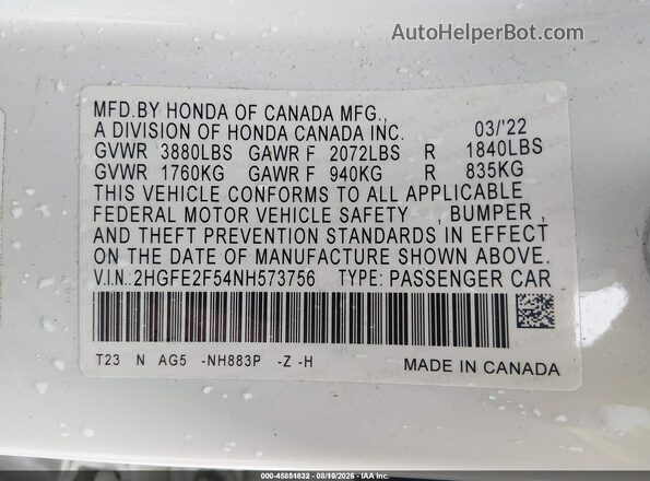 2HGFE2F54NH573756 2022 HONDA CIVIC White Engine compartment view