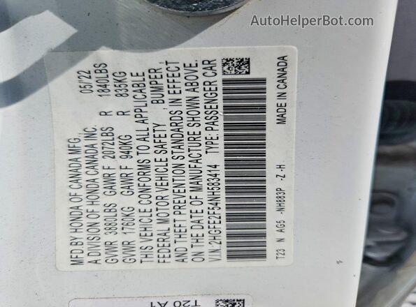 2HGFE2F54NH583414 2022 HONDA CIVIC White Vista del compartimento del motor