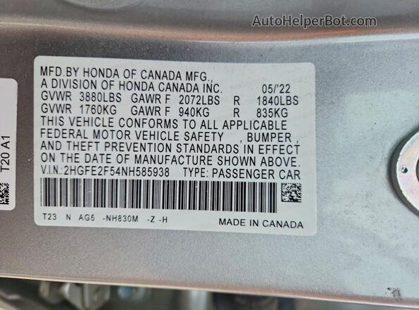 2HGFE2F54NH585938 2022 HONDA CIVIC Silver Вид підкапотного простору
